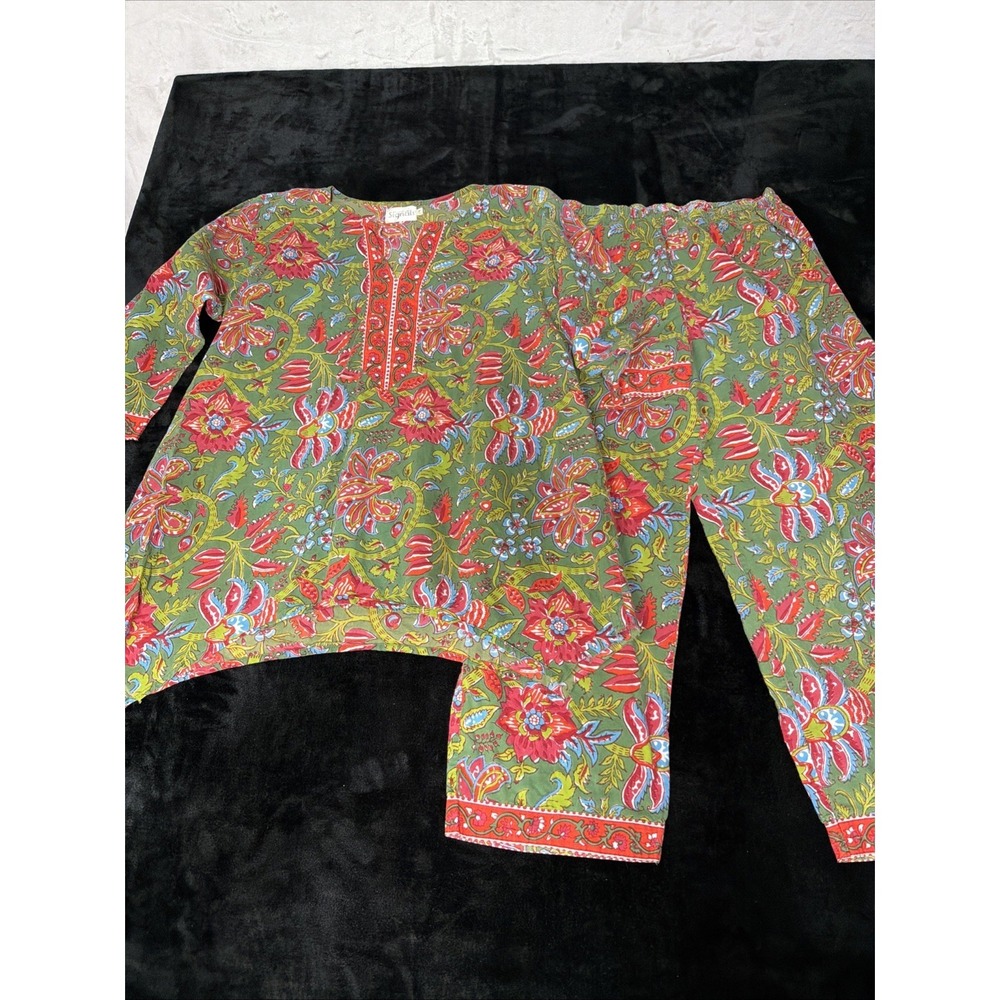 Womens Exclusively for Signals Lounge Pajamas Green Floral BOHO 2 Piece Set Sz S